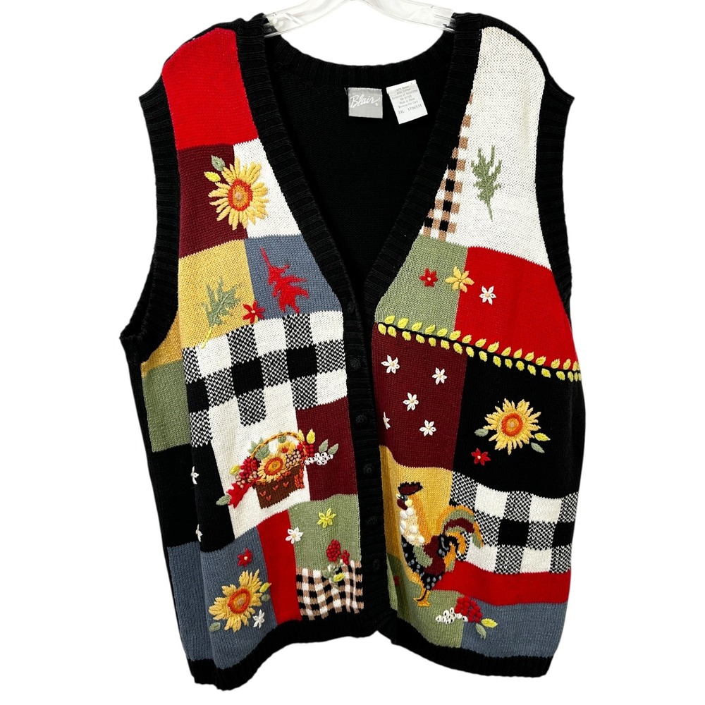 VTG Blair 3XL Sweater Vest Patchwork‎ Rooster Sunflower Knit Cottagecore 1791